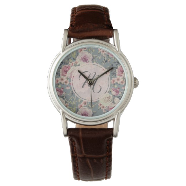 Monogram  roze rozen en parelharten horloge (Voorkant)