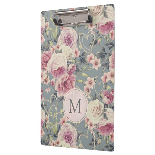 Monogram  roze rozen en parelharten klembord (Links)