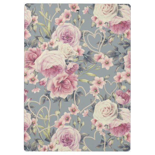 Monogram  roze rozen en parelharten klembord (Achterkant)