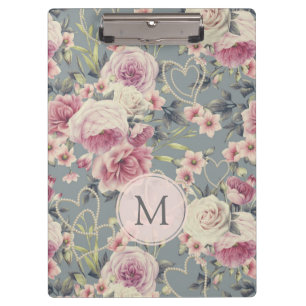 Monogram roze rozen en parelharten klembord