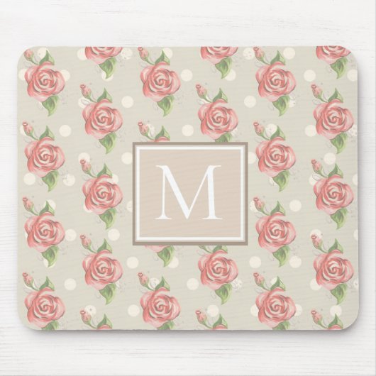 Monogram roze rozen en Stippen Muismat (Voorkant)