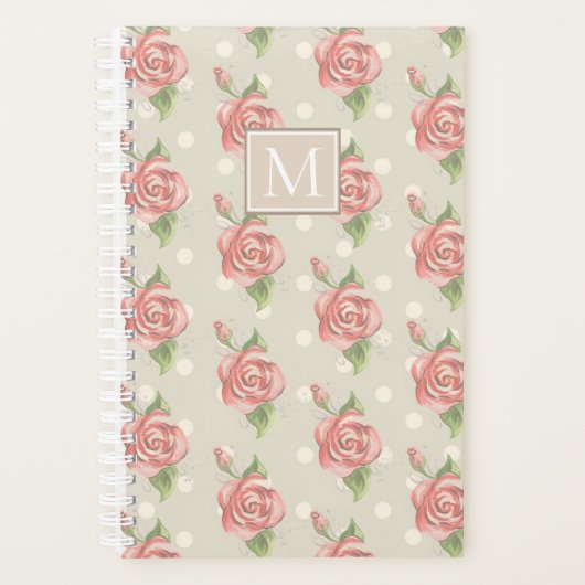 Monogram roze rozen en Stippen Planner (Voorkant)