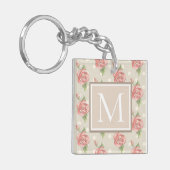 Monogram roze rozen en Stippen Sleutelhanger (Voorkant Links)
