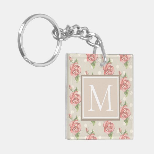 Monogram roze rozen en Stippen Sleutelhanger (Voorkant Links)