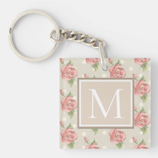 Monogram roze rozen en Stippen Sleutelhanger (Voorkant)