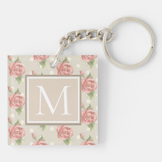 Monogram roze rozen en Stippen Sleutelhanger (Achterkant)