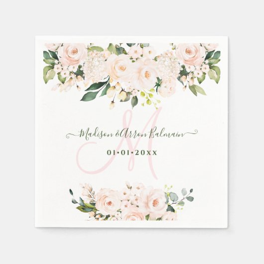 Monogram Roze Rozen Eucalyptus Elke Gelegenheid Servet (Voorkant)