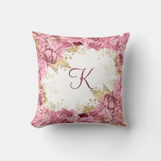 Monogram Roze Rozen Goud Elegante Bloemmotief Kussen (Voorkant)