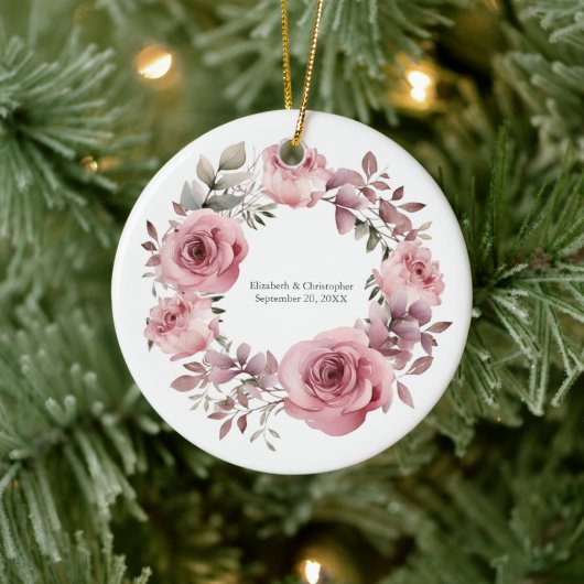 Monogram Roze Rozen Groen Waterverf Bruiloft Keramisch Ornament (Boom)