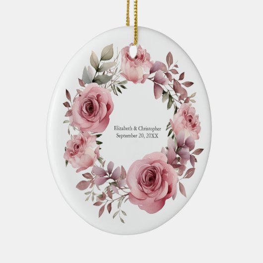 Monogram Roze Rozen Groen Waterverf Bruiloft Keramisch Ornament (Rechts)