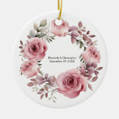 Monogram Roze Rozen Groen Waterverf Bruiloft Keramisch Ornament (Voorkant)