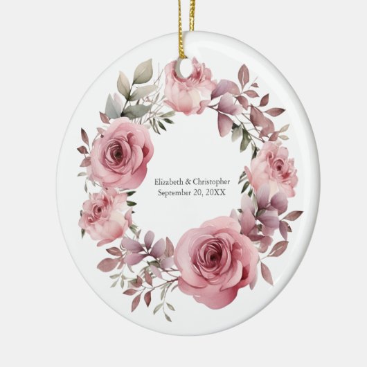 Monogram Roze Rozen Groen Waterverf Bruiloft Keramisch Ornament (Links)