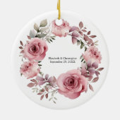 Monogram Roze Rozen Groen Waterverf Bruiloft Keramisch Ornament (Achterkant)