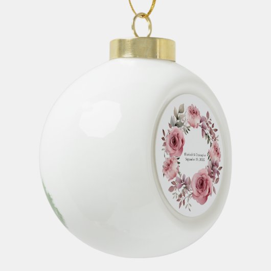 Monogram Roze Rozen Groen Waterverf Bruiloft Keramische Bal Ornament (Links)