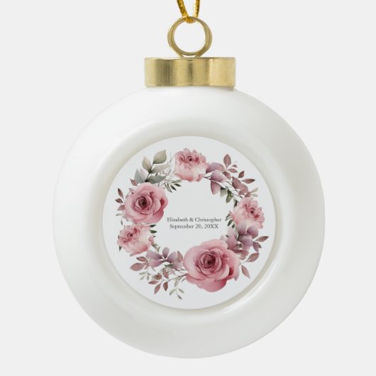 Monogram Roze Rozen Groen Waterverf Bruiloft Keramische Bal Ornament (Voorkant)