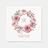 Monogram Roze Rozen Groen Waterverf Bruiloft Servet (Voorkant)