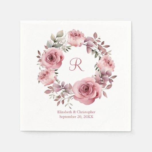 Monogram Roze Rozen Groen Waterverf Bruiloft Servet (Voorkant)