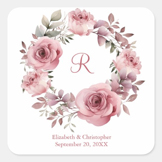 Monogram Roze Rozen Groen Waterverf Bruiloft Vierkante Sticker (Voorkant)