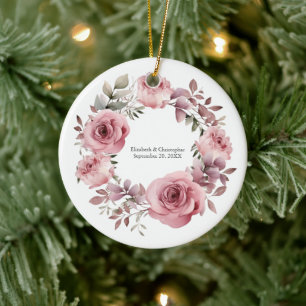 Monogram Roze Rozen Groene Waterverf Trouw Keramisch Ornament
