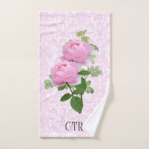 Monogram Roze Rozen op Damast Bloemen Handdoek