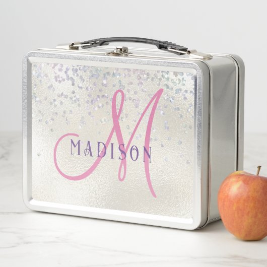 Monogram Roze Script Meisjes Zilver Parel Glitter (In situ)