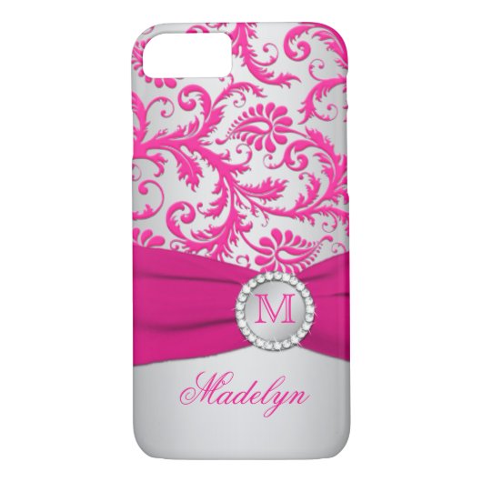Monogram roze, Silver Damask iPhone 7 Hoesje (Achterkant)