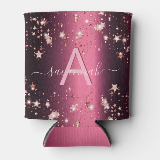 Monogram roze sterren roos goudnaam blikjeskoeler (Voorkant)