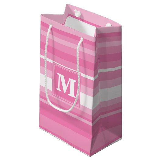 Monogram roze strepen klein cadeauzakje (Voorkant Gekanteld)