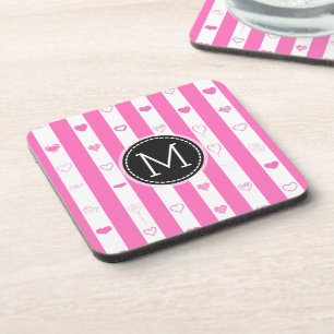 Monogram roze strepen modern hartpatroon bier onderzetter