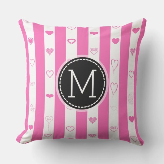 Monogram roze strepen modern hartpatroon kussen (Voorkant)