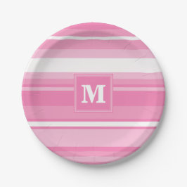 Monogram roze strepen papieren bordje