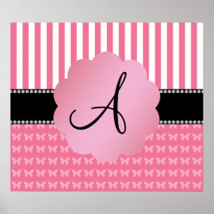 Monogram roze strepen roze vlinders poster