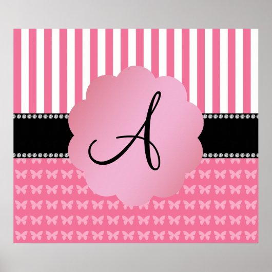 Monogram roze strepen roze vlinders poster (Voorkant)