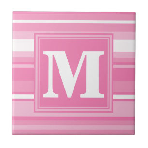 Monogram roze strepen tegeltje