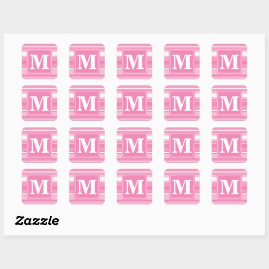 Monogram roze strepen vierkante sticker (Vel)