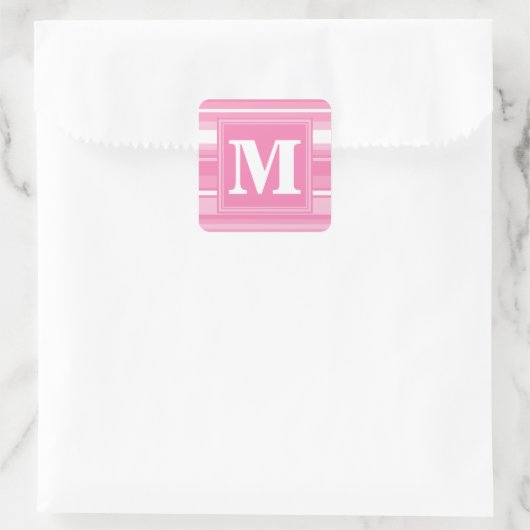 Monogram roze strepen vierkante sticker (Tas)