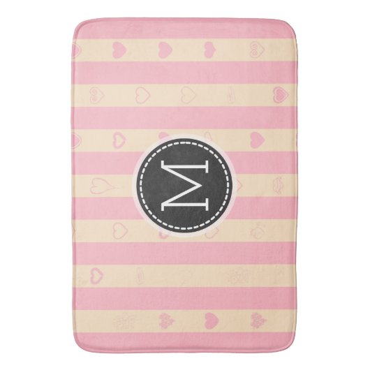 Monogram roze stripes modern hartpatroon badmat (Voorkant Verticaal)