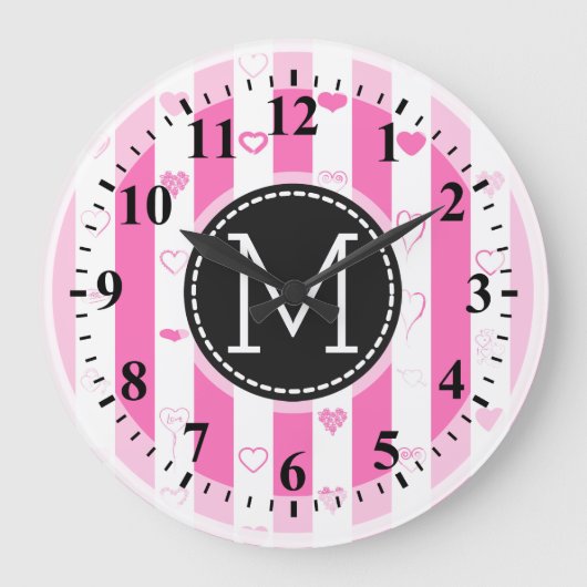Monogram roze stripes modern hartpatroon grote klok (Voorkant)