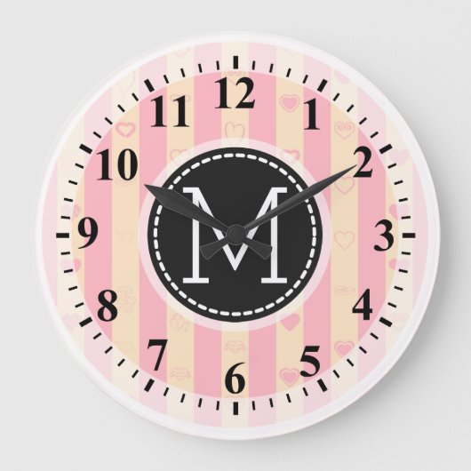 Monogram roze stripes modern hartpatroon grote klok (Voorkant)