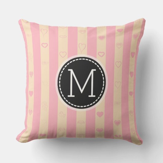 Monogram roze stripes modern hartpatroon kussen (Voorkant)