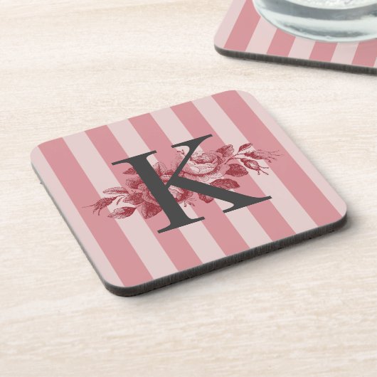  Monogram roze stripes Rozen Bier Onderzetter (Linkerzijde)