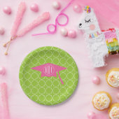 Monogram Roze studiepunten + Groene Quatrefoil Papieren Bordje (Feest)