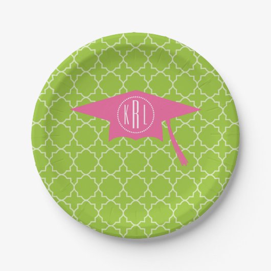 Monogram Roze studiepunten + Groene Quatrefoil Papieren Bordje (Voorkant)