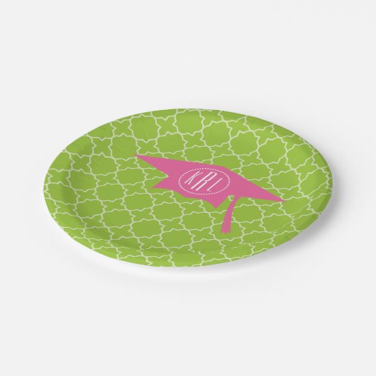 Monogram Roze studiepunten + Groene Quatrefoil Papieren Bordje (Gekanteld)