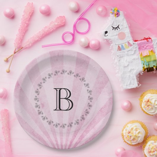 Monogram Roze Sunray Shabby Textuur Papieren Bordje (Feest)