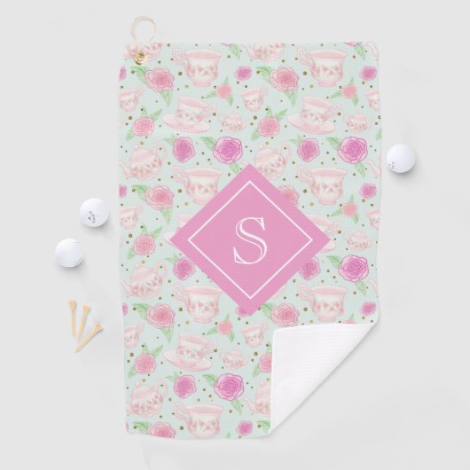 Monogram  roze theepartijpatroon golfhanddoek (Insitu)