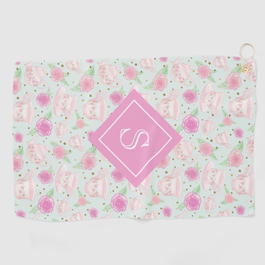 Monogram  roze theepartijpatroon golfhanddoek (Horizontaal)