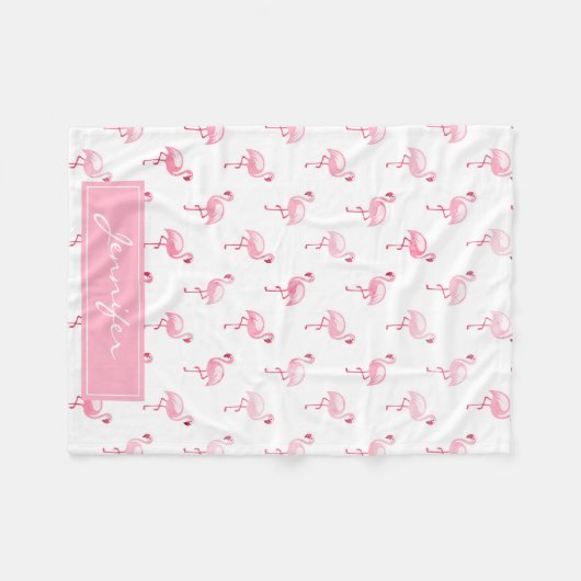 Monogram Roze Tropisch Flamingo patroon op Wit Fleece Deken (Voorkant (Horizontaal))