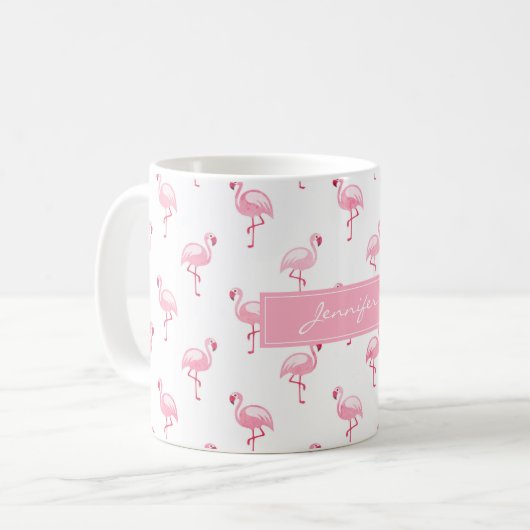 Monogram Roze Tropisch Flamingo patroon op Wit Koffiemok (Voorkant links)