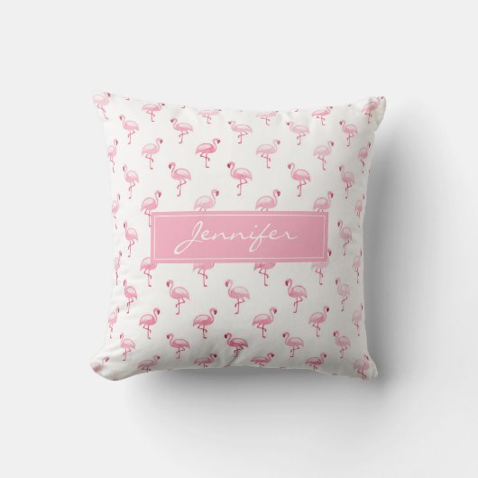 Monogram Roze Tropisch Flamingo patroon op Wit Kussen (Voorkant)
